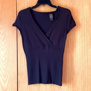 Access crossover v neck fitted slim ribbed thin knit black rayon nylon sweater